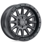 Black alloy wheel with a visible brand logo on a white background