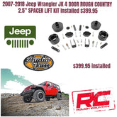 Rough Country 656 2.5" Jeep Suspension Lift Kit with No Shocks for  2007-2018 Jeep Wrangler JK 4-DOOR