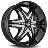 Black alloy wheel with reflective finish on a white background