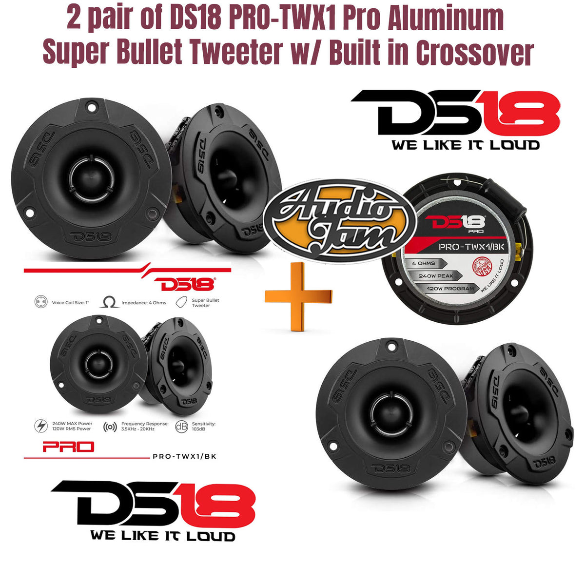 2 pair of DS18 PRO-TWX1 Pro Aluminum Super Bullet Tweeter w/ Built in Crossover