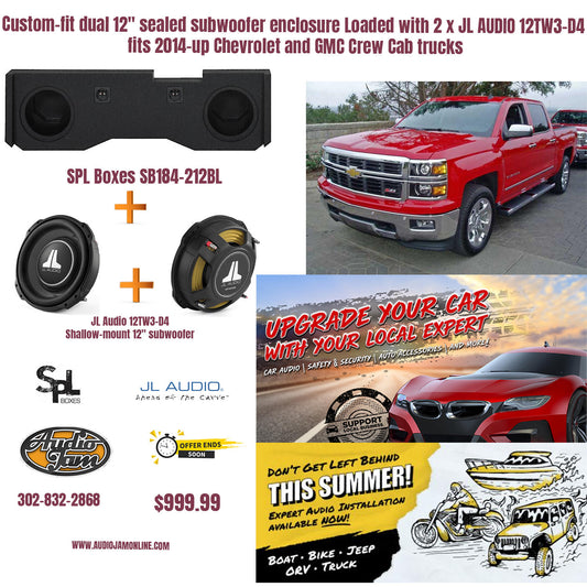 Custom-fit dual 12" sealed subwoofer enclosure Loaded with 2 x JL AUDIO 12TW3-D4 fits 2014-up Chevrolet and GMC Crew Cab trucks