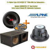 2 x Alpine Type-R R2-W12D2 12" 750w RMS Car Subwoofers + Qpower QBOMB12VL 2" Dual Vented Extra Large Q Bomb SPL Subwoofer Enclosure