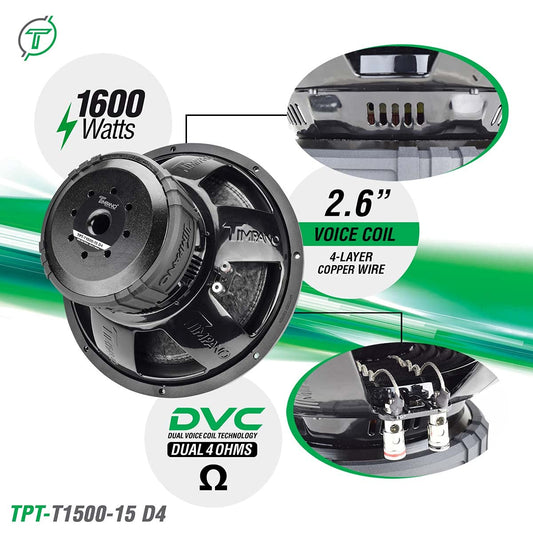 Timpano Audio TPT-T1500-15 D4 15" Car Audio Subwoofer 1600 Watts Dual 4 Ohm Daily Banger