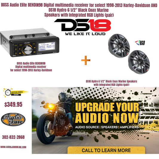 BOSS Audio Elite BEHDIN98 Digital multimedia receiver for select 1998-2013 Harley-Davidson AND DS18 Hydro 6 1/2" Black Coax Marine Speakers with Integrated RGB Lights (pair)