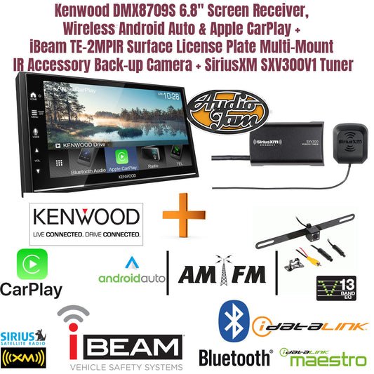 Kenwood DMX8709S 6.8" Screen Receiver, Wireless Android Auto & Apple CarPlay +  iBeam TE-2MPIR Surface License Plate Multi-Mount IR Accessory Back-up Camera + SiriusXM SXV300V1 Tuner