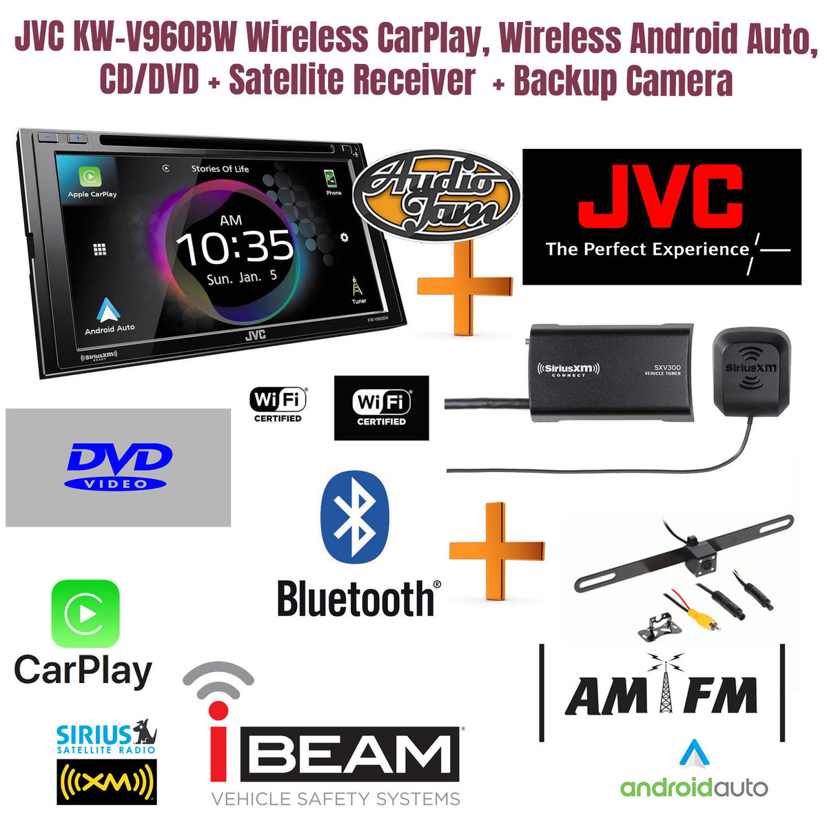 JVC KW-V960BW Wireless CarPlay, Wireless Android Auto, CD/DVD + Satellite Receiver  SXV300V1 + Backup Camera TE-2MPIR