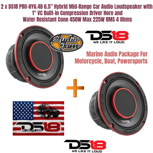 2 x DS18 PRO-HY6.4B 6.5" Hybrid Mid-Range Car Audio Loudspeaker with 1" VC Built-in Compression Driver Horn and Water Resistant Cone 450W Max 225W RMS 4 Ohms