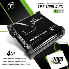 Timpano Audio TPT-1000.4 2 Ohm Compact 4 Channel Car Audio Amplifier 4x 260 Watts at 2 Ohm High Power Stereo 12 volts Fullrange Class D Amp Bridgeable
