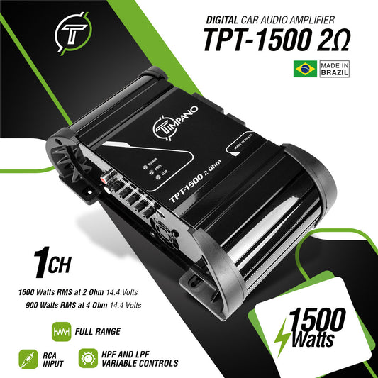 Timpano Audio TPT-1500 2 Ohm 1500 Watts Car Audio Amplifier Fullrange  1 Channel Compact 12 volts Monoblock Fullrange Class D Car Amp