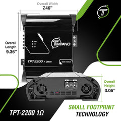 Timpano Audio TPT-2200 1 Ohm 2200 Watts Car Audio Amplifier Fullrange 1 Channel Compact 12 volts Monoblock Fullrange Class D Car Amp