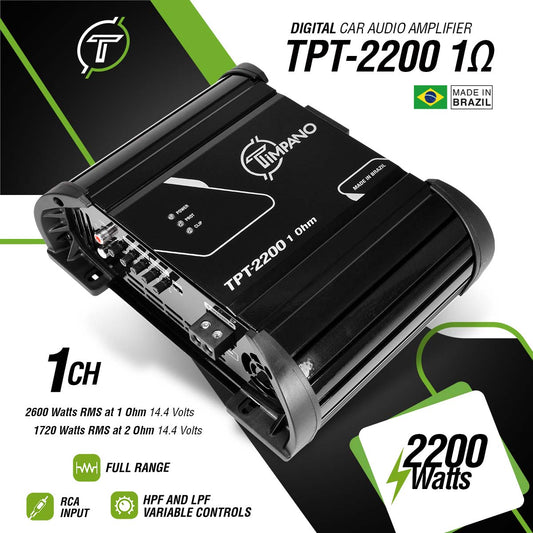Timpano Audio TPT-2200 1 Ohm 2200 Watts Car Audio Amplifier Fullrange  1 Channel Compact 12 volts Monoblock Fullrange Class D Car Amp