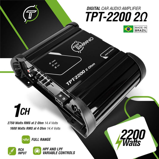 Timpano Audio TPT-2200 2 Ohm 2200 Watts Car Audio Amplifier Fullrange  1 Channel Compact 12 volts Monoblock Fullrange Class D Car Amp