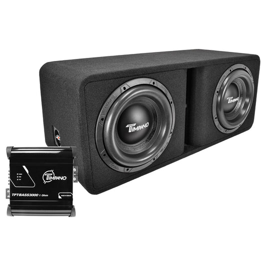 Timpano Audio KIT1xTPT-T2500-2x12D4+1xTPT-BASS30001Ohm Dual 12" Car Audio Subwoofer Box + Amplifier Bundle 3000 Watts 1 Ohm Loaded Ported Enclosure