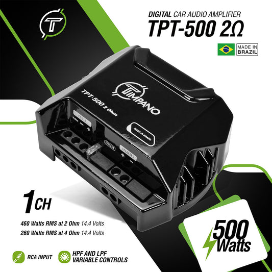 Timpano Audio TPT500 2 Ohms Compact 1 Channel Car Audio Amplifier  1x 500 Watts at 2 Ohm  Mini Stereo 12 volts Fullrange Class D Amp
