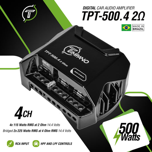 Timpano Audio TPT-500.4 2 Ohm Compact 4 Channel Car Audio Amplifier  4x 125 Watts at 2 Ohm  Mini Stereo 12 volts Fullrange Class D Amp Bridgeable