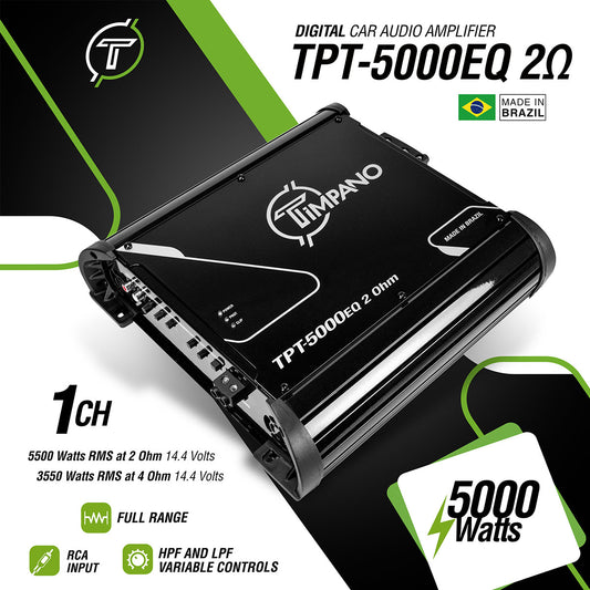 Timpano Audio TPT-5000EQ 2 Ohm 5000 Watts Car Audio Amplifier Fullrange  1 Channel Compact 12 volts Monoblock Fullrange Class D Car Amp