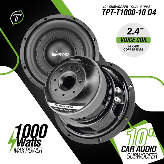 Timpano Audio TPT-T1000-10 D4 10" Car Audio Subwoofer 1000 Watts Dual 4 Ohm Deep Low Tones
