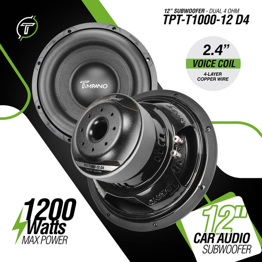Timpano Audio TPT-T1000-12 D4 12" Car Audio Subwoofer 1200 Watts Dual 4 Ohm Deep Low Tones