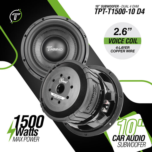 Timpano Audio TPT-T1500-10 D4 10" Car Audio Subwoofer 1500 Watts Dual 4 Ohm Daily Banger