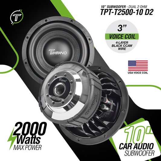 Timpano Audio TPT-T2500-10 D2 10" Car Audio Subwoofer 2000 Watts Dual 2 Ohm High Performance