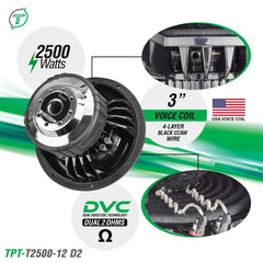 Timpano Audio TPT-T2500-1x12 D2 12" Car Audio Subwoofer Box 2500 Watts 1 Ohm TPT-T2500-112 Loaded Ported Enclosure