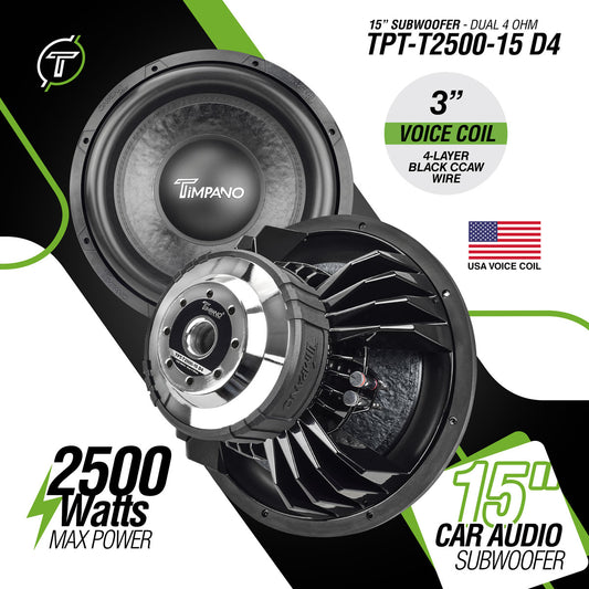 Timpano Audio TPT-T2500-15 D4 15" Car Audio Subwoofer 2500 Watts Dual 4 Ohm High Performance