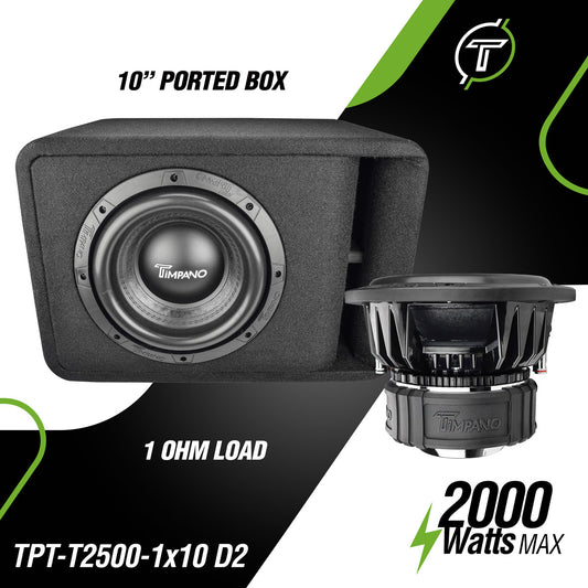 Timpano Audio TPT-T2500-1x10 D2 10" Car Audio Subwoofer Box 2000 Watts 1 Ohm TPT-T2500-110 Loaded Ported Enclosure