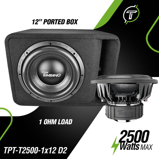 Timpano Audio KIT1xTPT-T2500-1x12D2+1xTPT-15001Ohm 12" Car Audio Subwoofer Box + Amplifier Bundle 1500 Watts 1 Ohm Loaded Ported Enclosure