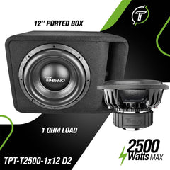Timpano Audio KIT1xTPT-T2500-1x12D2+1xTPT-15001Ohm 12" Car Audio Subwoofer Box + Amplifier Bundle 1500 Watts 1 Ohm Loaded Ported Enclosure