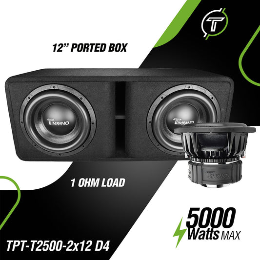 Timpano Audio KIT1xTPT-T2500-2x12D4+1xTPT-BASS50001Ohm Dual 12" Car Audio Subwoofer Box + Amplifier Bundle 5000 Watts 1 Ohm Loaded Ported Enclosure