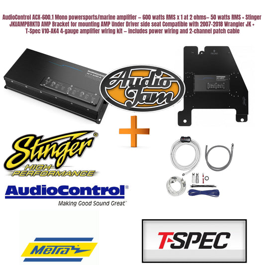 AudioControl ACX-600.1 Mono powersports/marine amplifier — 600 watts RMS x 1 at 2 ohms— 50 watts RMS + Stinger JKUAMPBRKTD AMP Bracket for mounting AMP Under Driver side seat Compatible with 2007-2018 Wrangler JK + T-Spec V10-AK4 4-gauge amplifier wiring