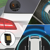 Collage of a car's rearview camera, radar system, and sensor on a road.