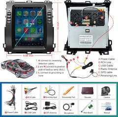 Car stereo system with wiring diagram and component list on a white background