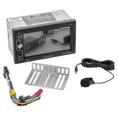 Car stereo system with wiring harness, faceplate, and microphone on a white background