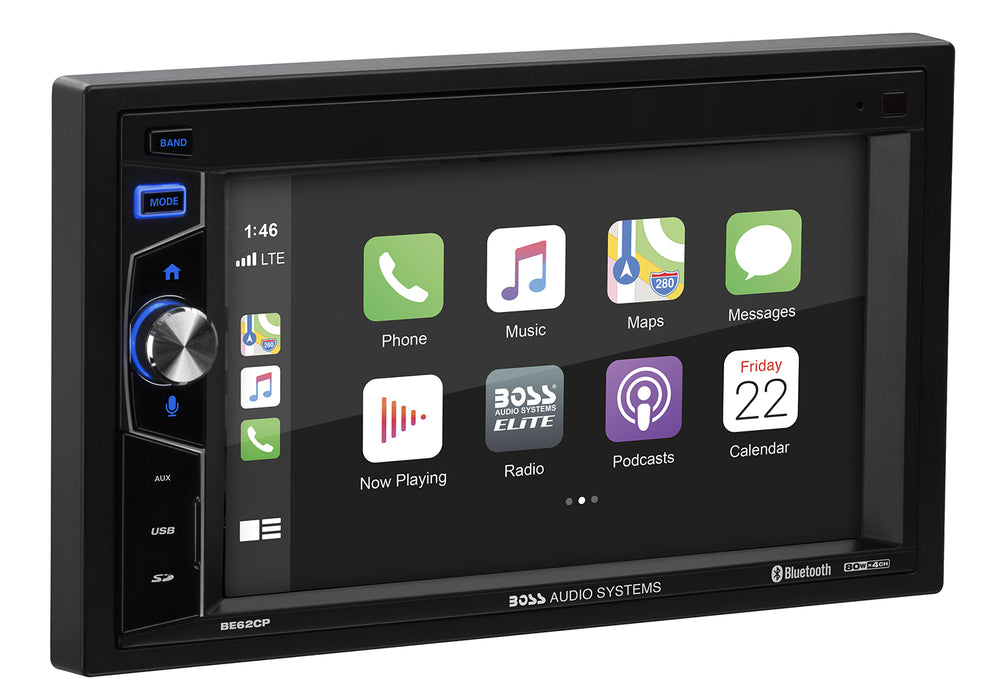 Car multimedia system with touchscreen display and app icons on a white background