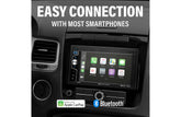 Car stereo system with smartphone integration display, Apple CarPlay, and Bluetooth logos.