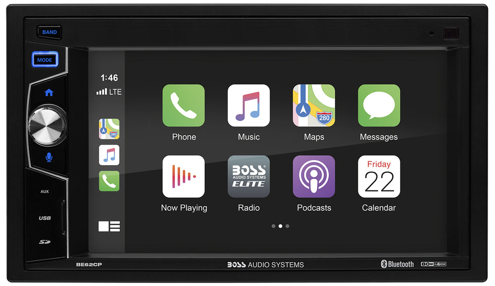 Car multimedia system display with app icons on a black background