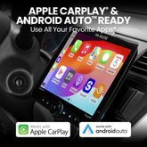 Car infotainment system with Apple CarPlay and Android Auto compatibility on a car dashboard.