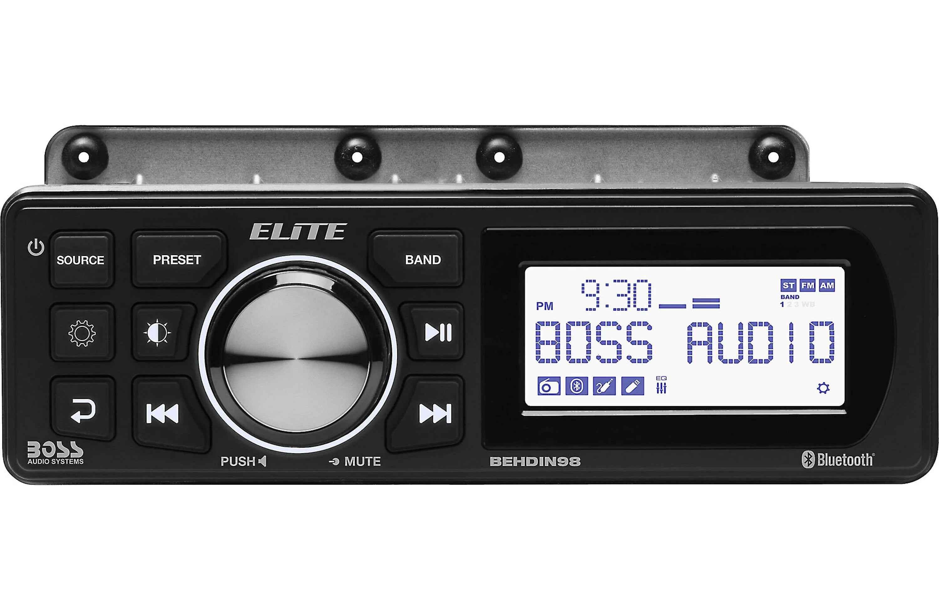 Boss audio marine audio stereo system with digital display on a white background