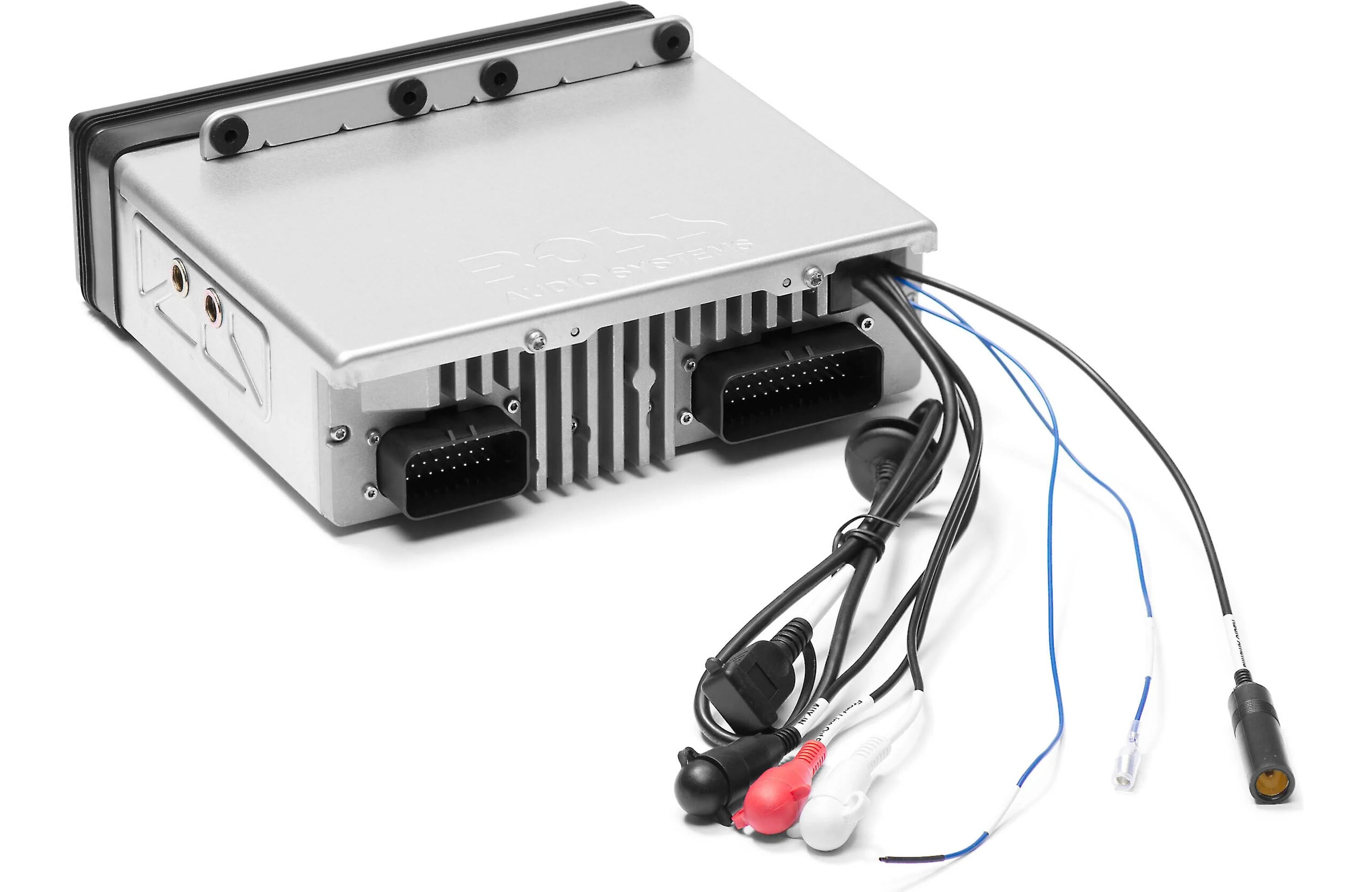 Marine audio receiver with wiring on a white background