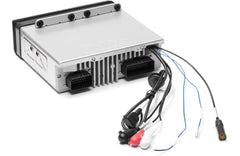 Marine audio receiver with wiring on a white background
