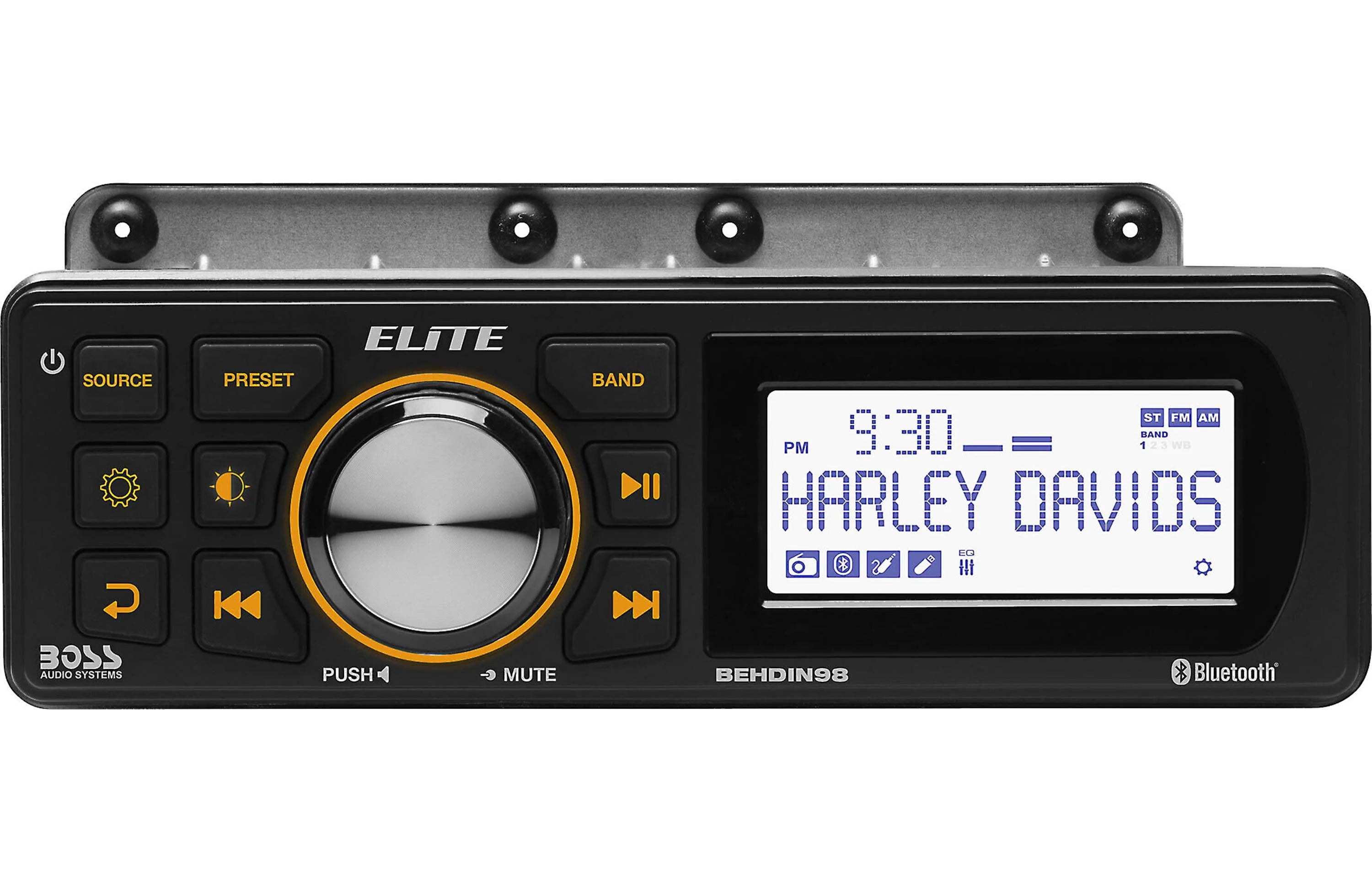 Motorcycle stereo system with digital display and control buttons on a white background