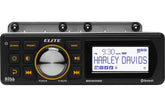 Motorcycle stereo system with digital display and control buttons on a white background