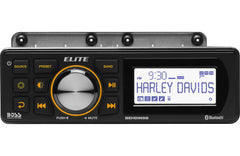 Motorcycle stereo system with digital display and control buttons on a white background