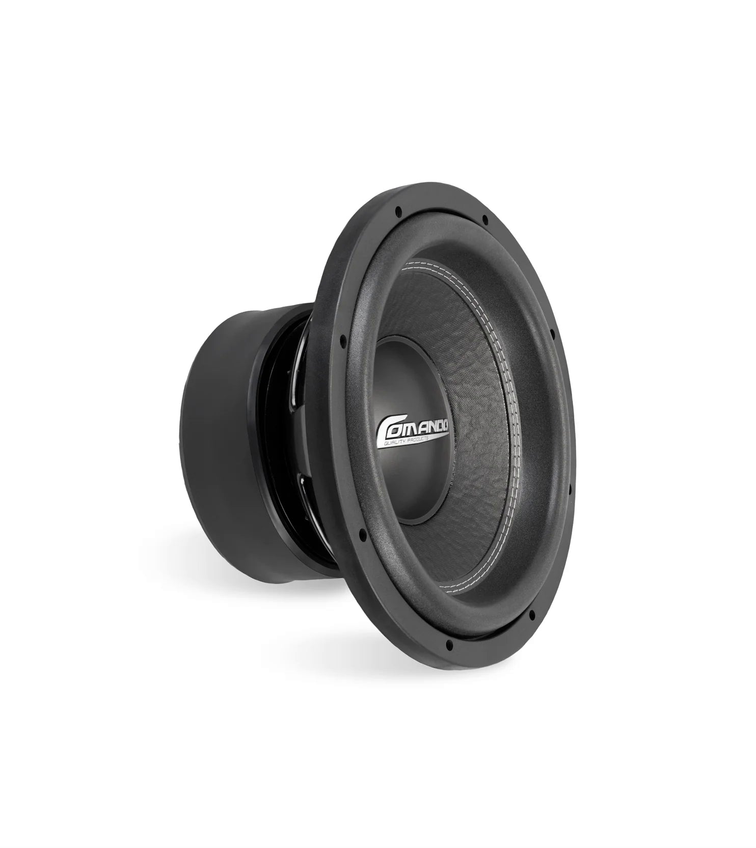 Side-by-side picture of a 12-inch car subwoofer with the Comando logo