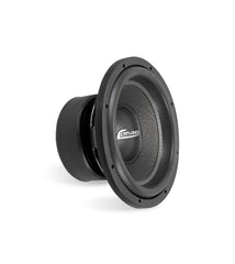 Side-by-side picture of a 12-inch car subwoofer with the Comando logo