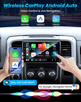 Car dashboard with touchscreen display featuring wireless CarPlay, Android Auto, and voice control interface.