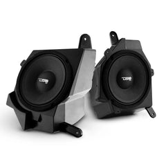Pair of car speakers with visible brand logo on a white background