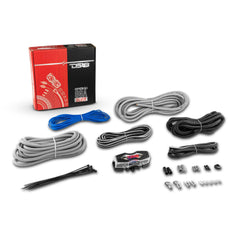 Car audio cable kit with various cables and connectors on a white background
