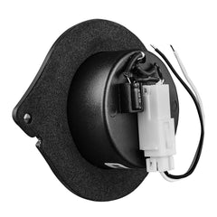 Round black speaker with wiring on a white background